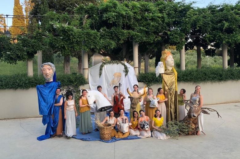 Group photo of the summer 2019 Commedia dell'Arte class in full costumes and masks